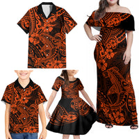 Hawaii Shark Family Matching Off Shoulder Maxi Dress and Hawaiian Shirt Polynesian Pattern Orange Version - Wonder Print Shop