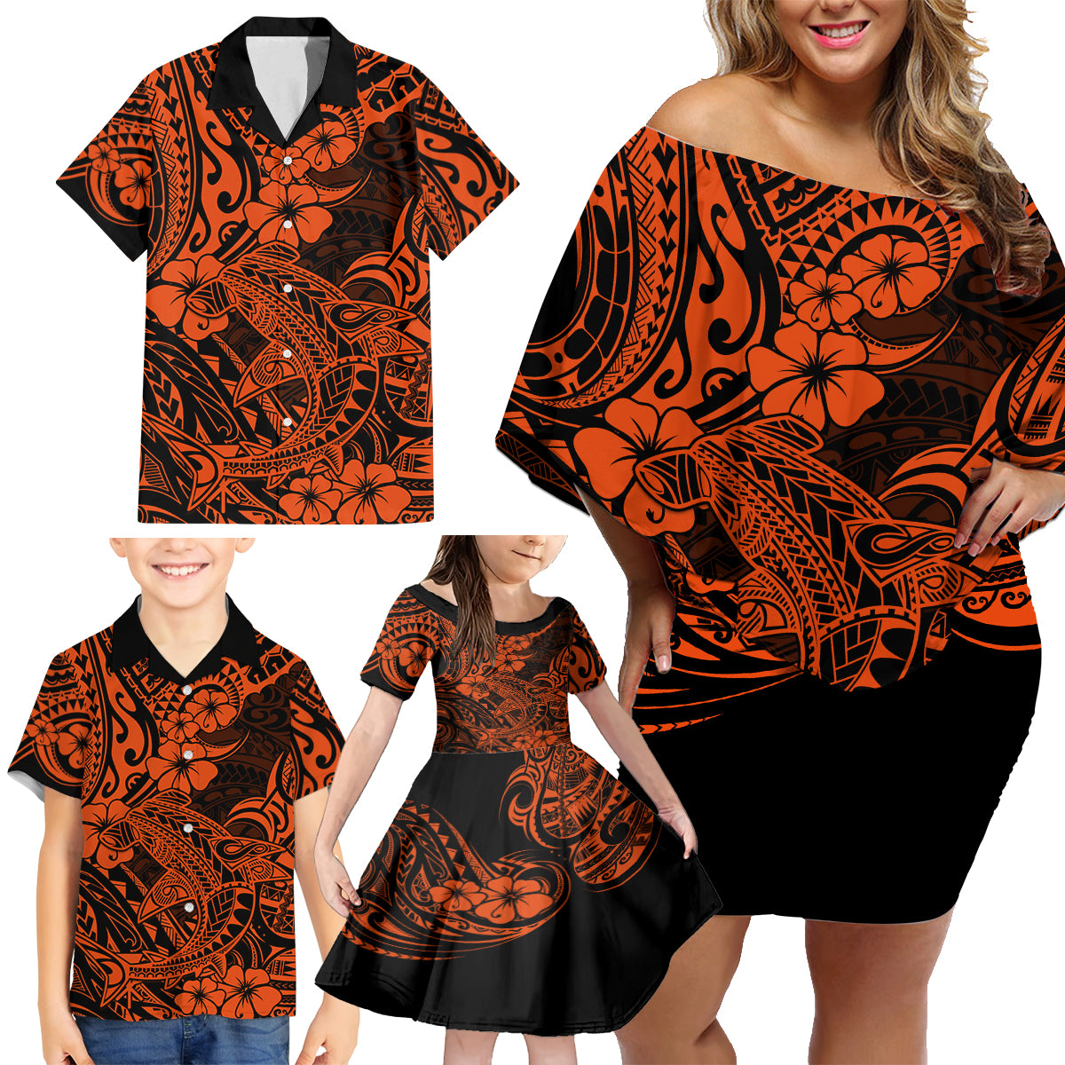 Hawaii Shark Family Matching Off Shoulder Short Dress and Hawaiian Shirt Polynesian Pattern Orange Version - Wonder Print Shop