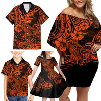 Hawaii Shark Family Matching Off Shoulder Short Dress and Hawaiian Shirt Polynesian Pattern Orange Version - Wonder Print Shop