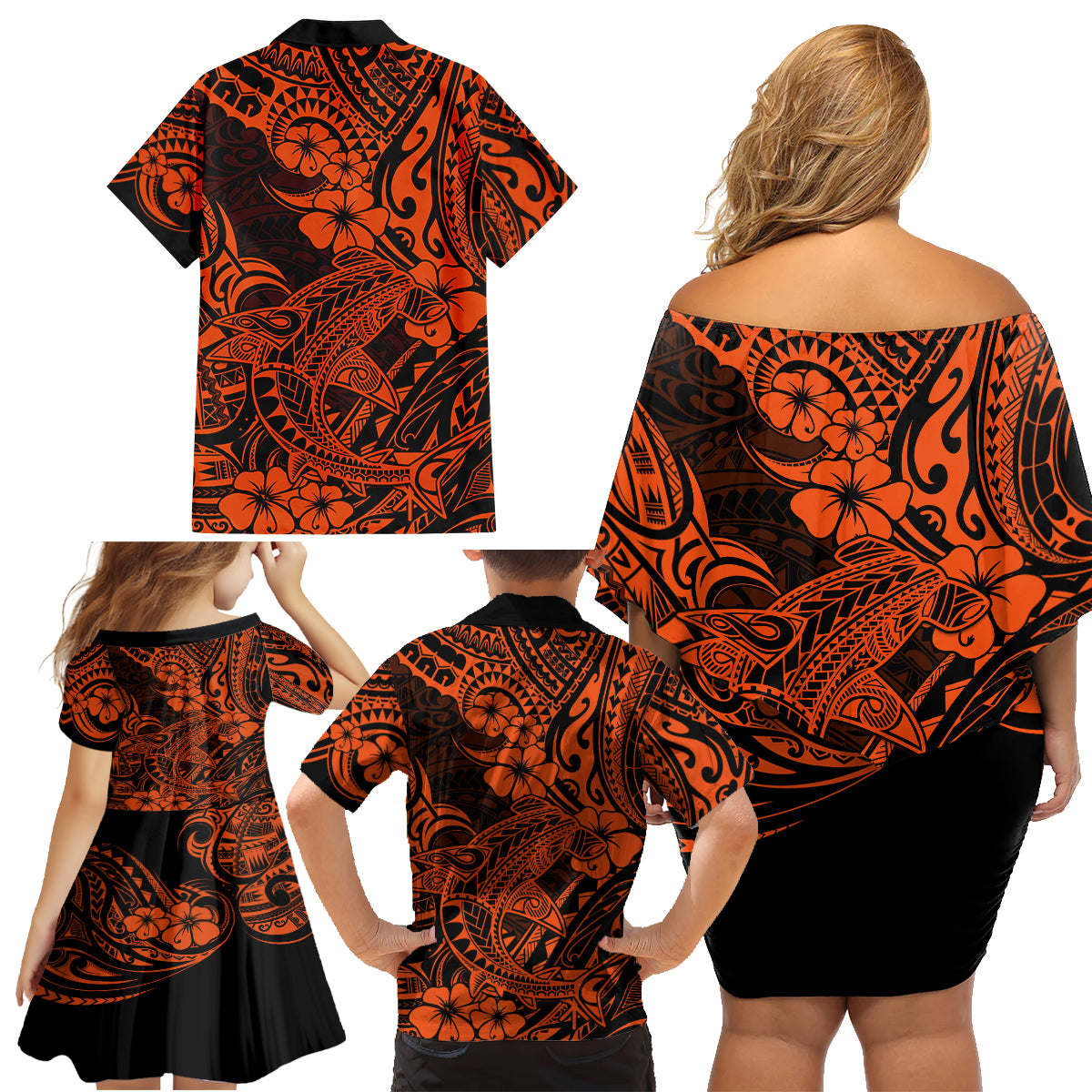 Hawaii Shark Family Matching Off Shoulder Short Dress and Hawaiian Shirt Polynesian Pattern Orange Version - Wonder Print Shop