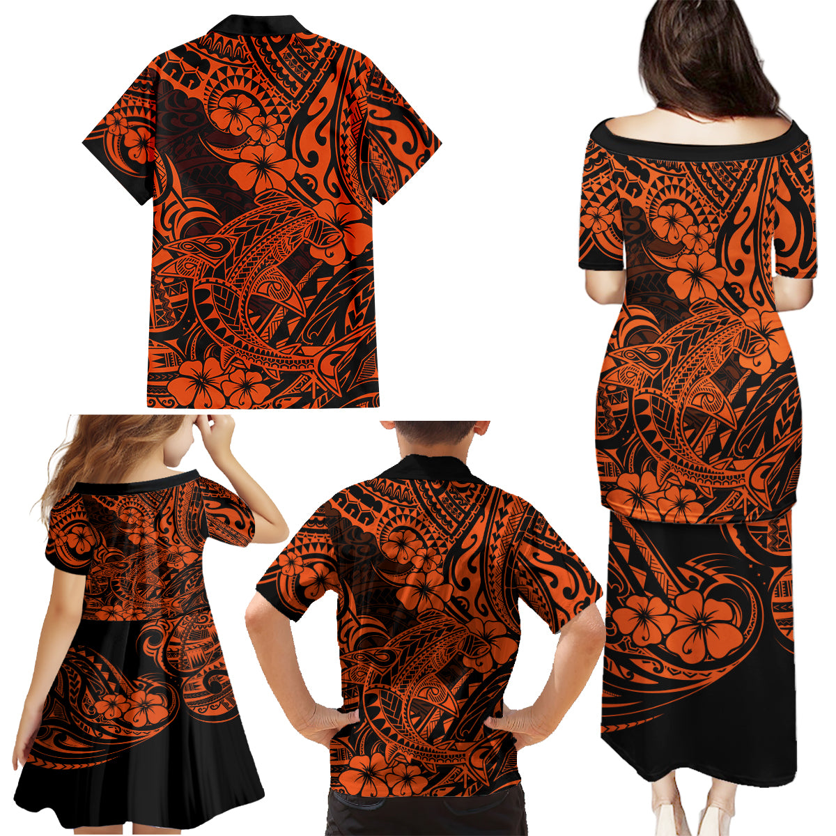 Hawaii Shark Family Matching Puletasi Dress and Hawaiian Shirt Polynesian Pattern Orange Version - Wonder Print Shop