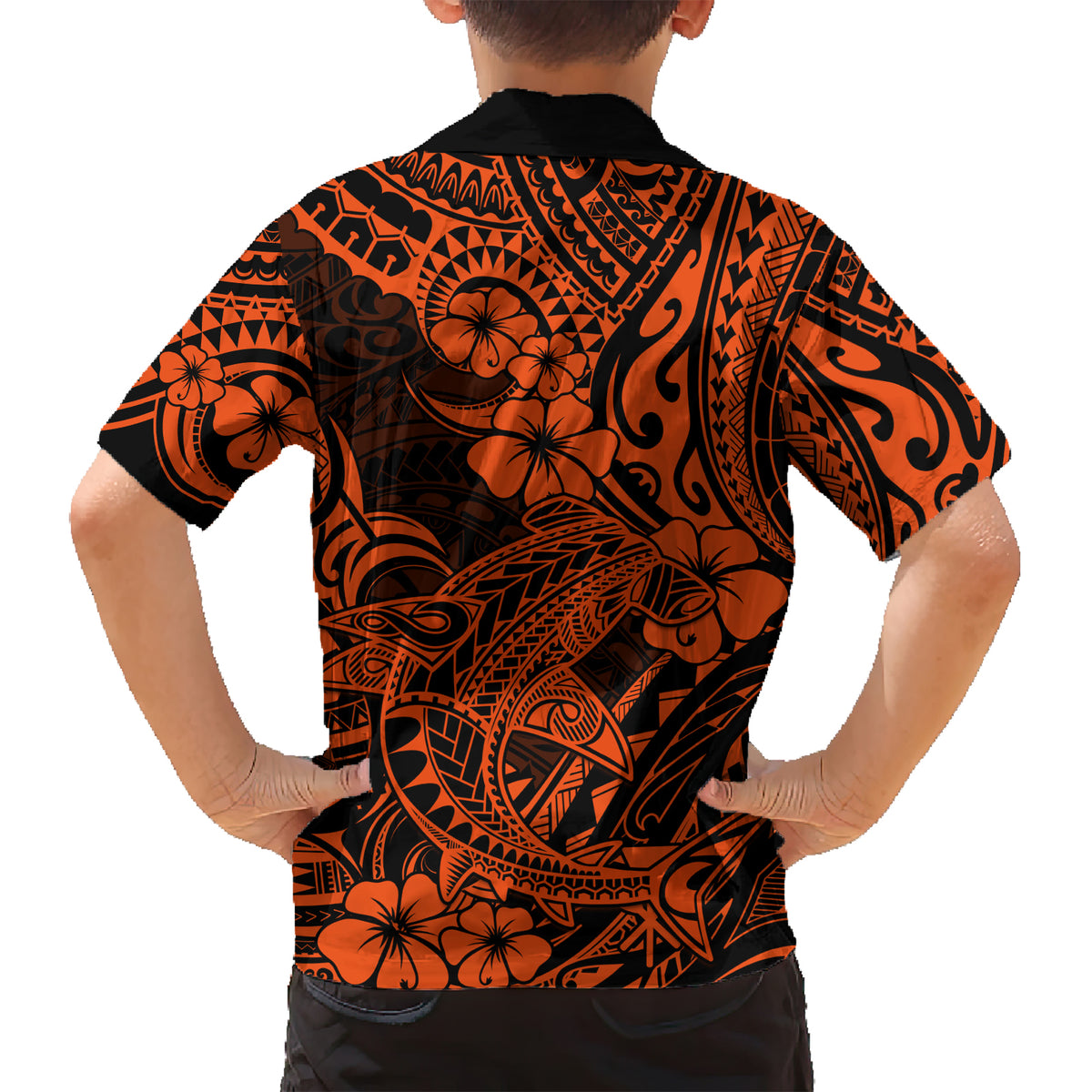 Hawaii Shark Family Matching Short Sleeve Bodycon Dress and Hawaiian Shirt Polynesian Pattern Orange Version - Wonder Print Shop