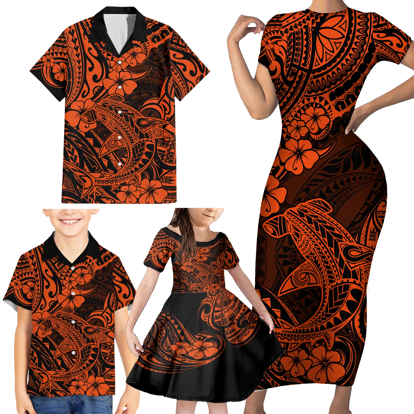 Hawaii Shark Family Matching Short Sleeve Bodycon Dress and Hawaiian Shirt Polynesian Pattern Orange Version - Wonder Print Shop
