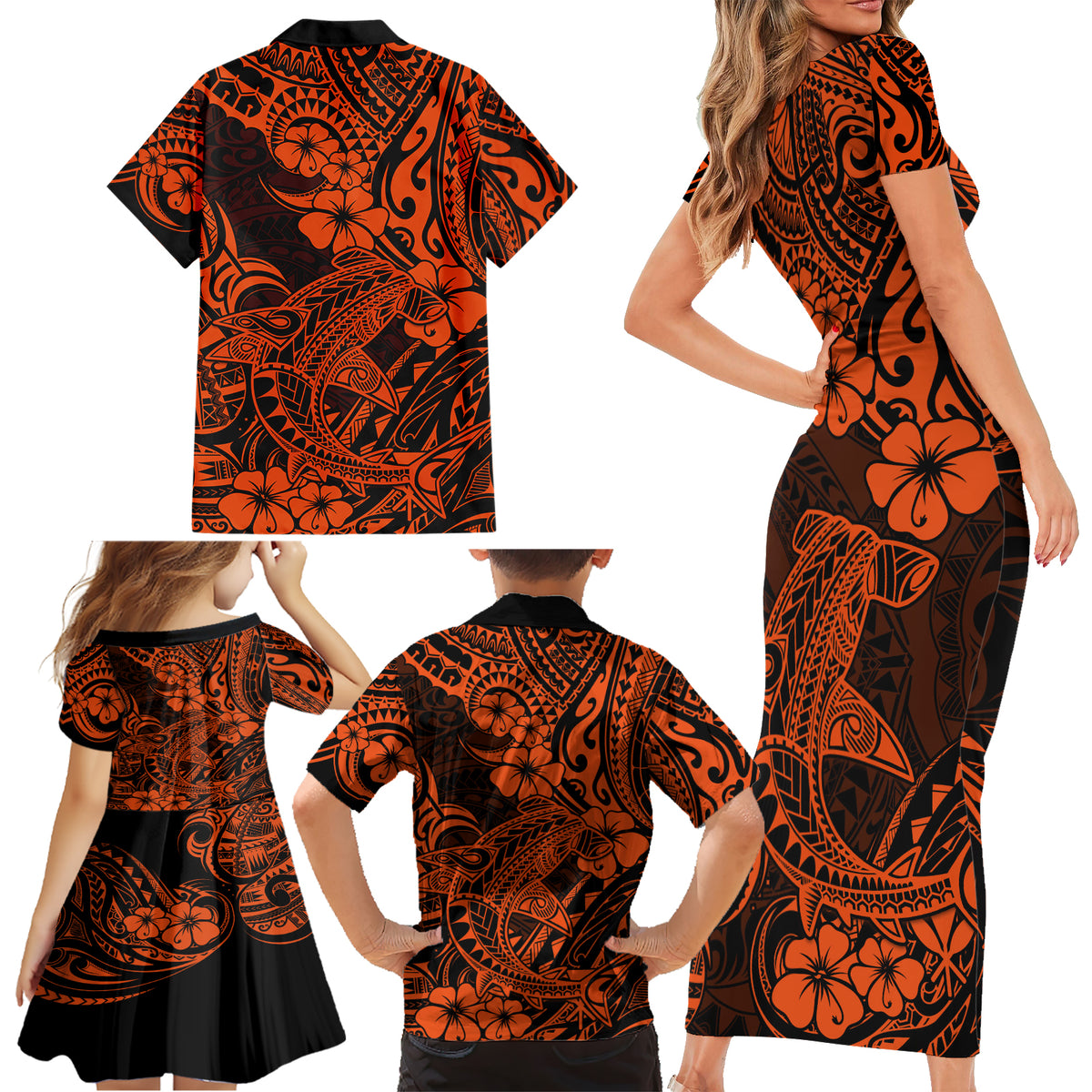 Hawaii Shark Family Matching Short Sleeve Bodycon Dress and Hawaiian Shirt Polynesian Pattern Orange Version - Wonder Print Shop