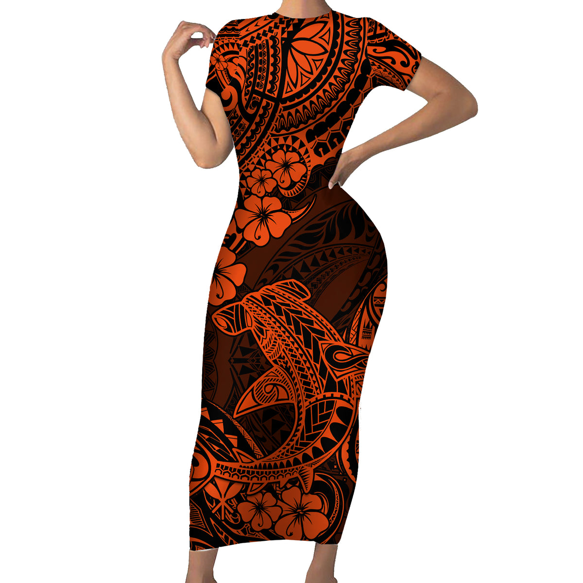 Hawaii Shark Family Matching Short Sleeve Bodycon Dress and Hawaiian Shirt Polynesian Pattern Orange Version - Wonder Print Shop