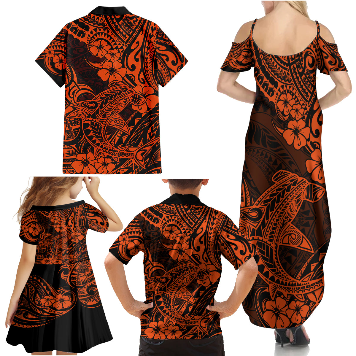 Hawaii Shark Family Matching Summer Maxi Dress and Hawaiian Shirt Polynesian Pattern Orange Version - Wonder Print Shop