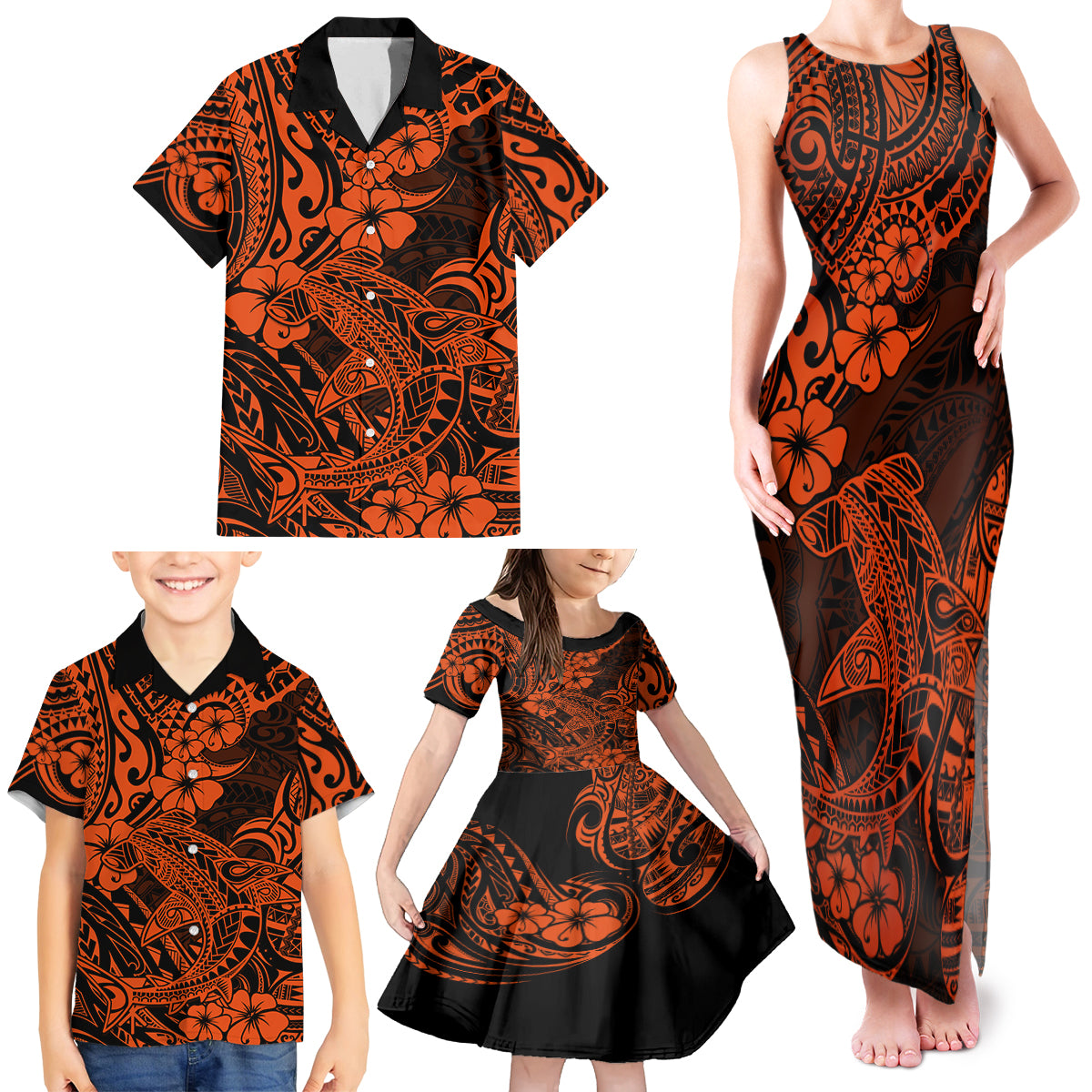 Hawaii Shark Family Matching Tank Maxi Dress and Hawaiian Shirt Polynesian Pattern Orange Version - Wonder Print Shop