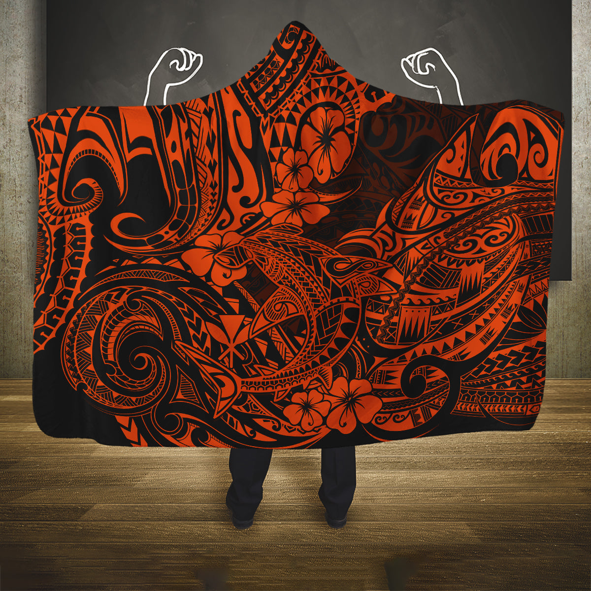 hawaii-shark-hooded-blanket-polynesian-pattern-orange-version