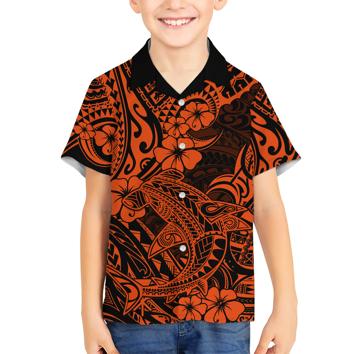 Hawaii Shark Kid Hawaiian Shirt Polynesian Pattern Orange Version - Wonder Print Shop