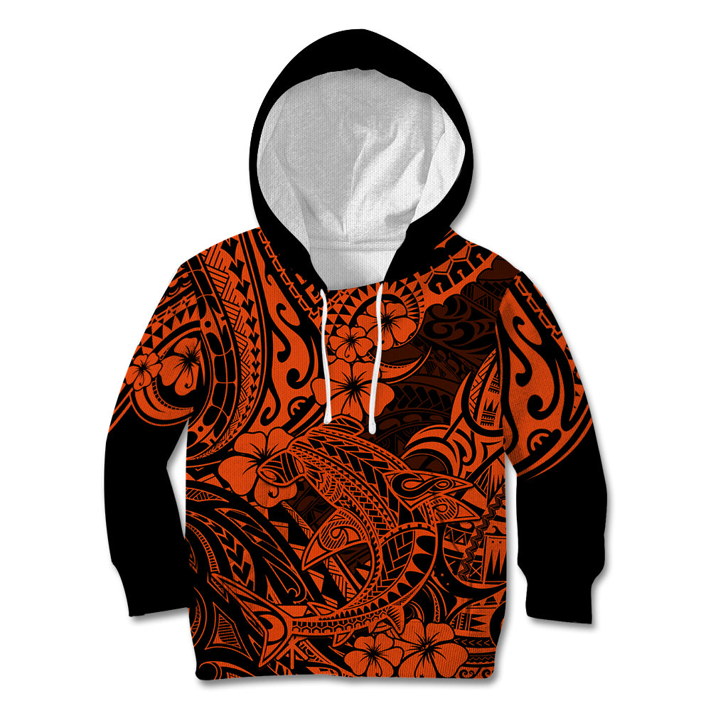 Hawaii Shark Kid Hoodie Polynesian Pattern Orange Version - Wonder Print Shop