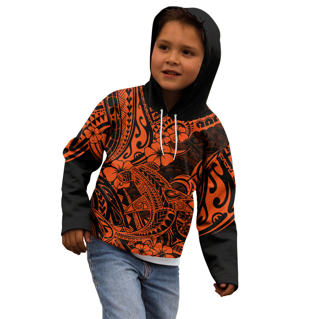 Hawaii Shark Kid Hoodie Polynesian Pattern Orange Version - Wonder Print Shop