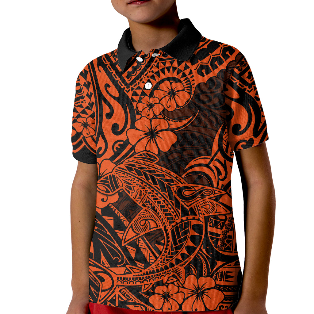 Hawaii Shark Kid Polo Shirt Polynesian Pattern Orange Version - Wonder Print Shop