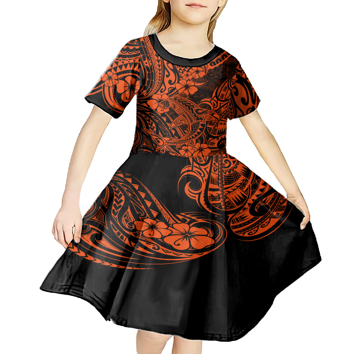 Hawaii Shark Kid Short Sleeve Dress Polynesian Pattern Orange Version - Wonder Print Shop