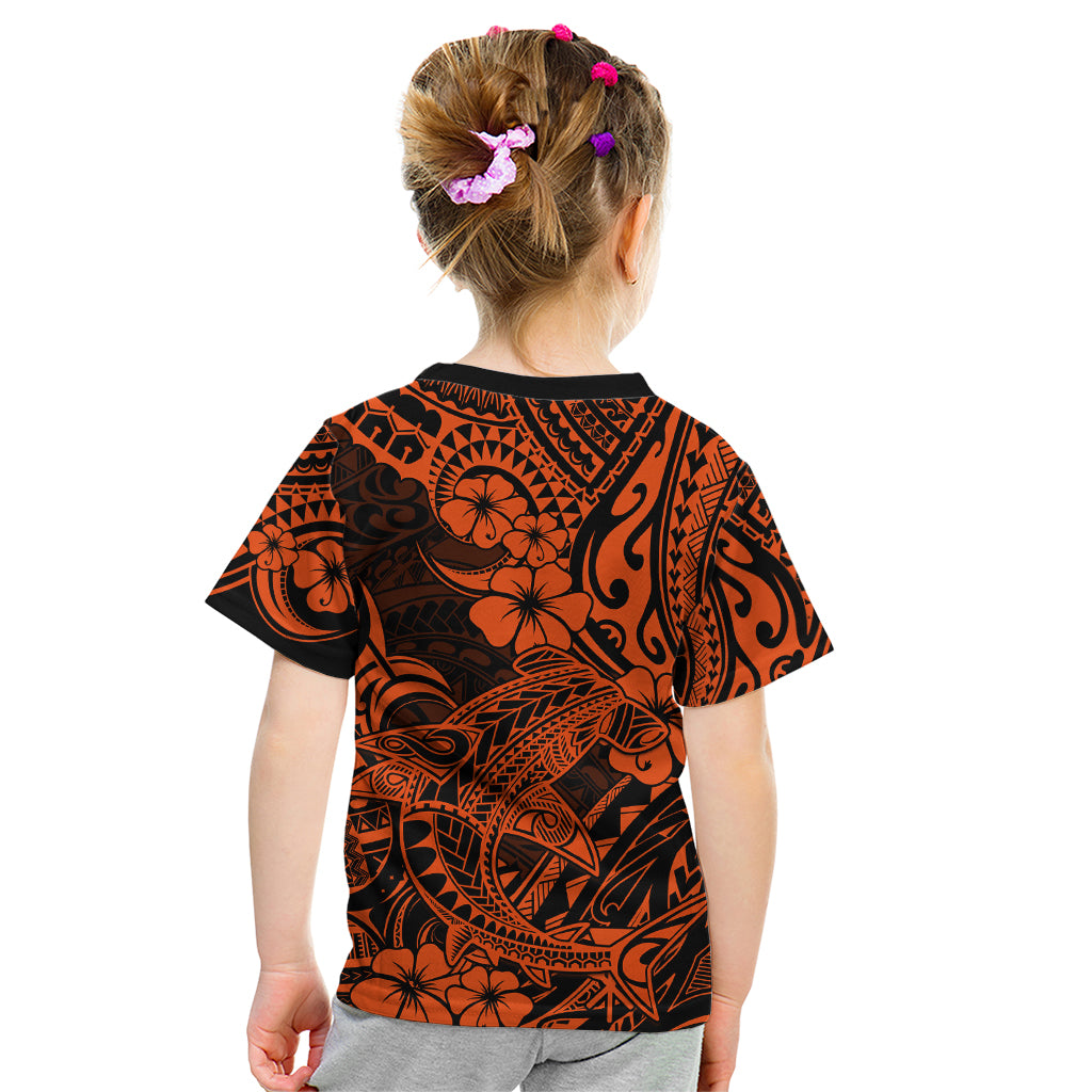 Hawaii Shark Kid T Shirt Polynesian Pattern Orange Version - Wonder Print Shop