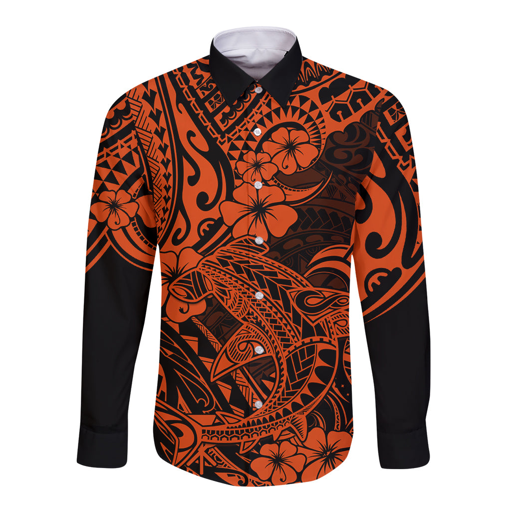 Hawaii Shark Long Sleeve Button Shirt Polynesian Pattern Orange Version - Wonder Print Shop