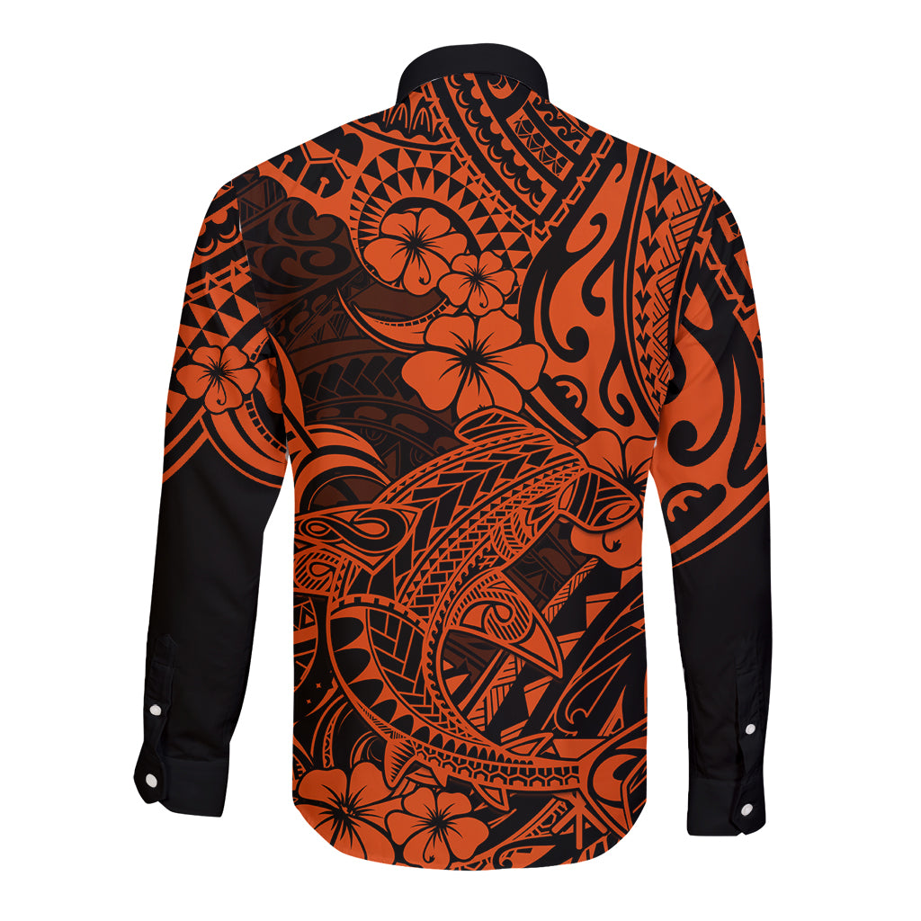 Hawaii Shark Long Sleeve Button Shirt Polynesian Pattern Orange Version - Wonder Print Shop