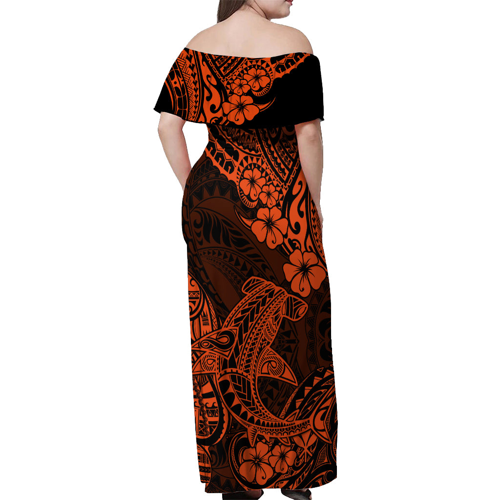 Hawaii Shark Off Shoulder Maxi Dress Polynesian Pattern Orange Version - Wonder Print Shop