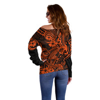 Hawaii Shark Off Shoulder Sweater Polynesian Pattern Orange Version - Wonder Print Shop