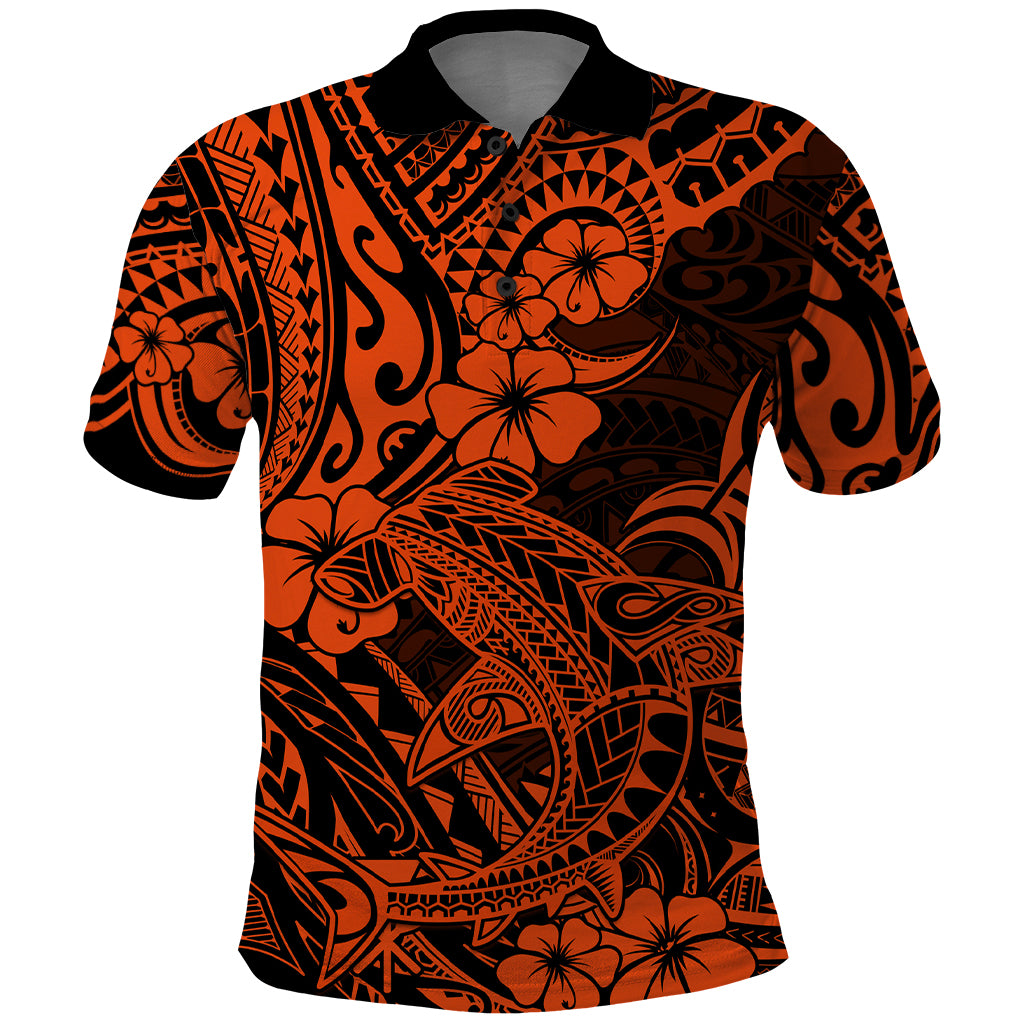 Hawaii Shark Polo Shirt Polynesian Pattern Orange Version - Wonder Print Shop