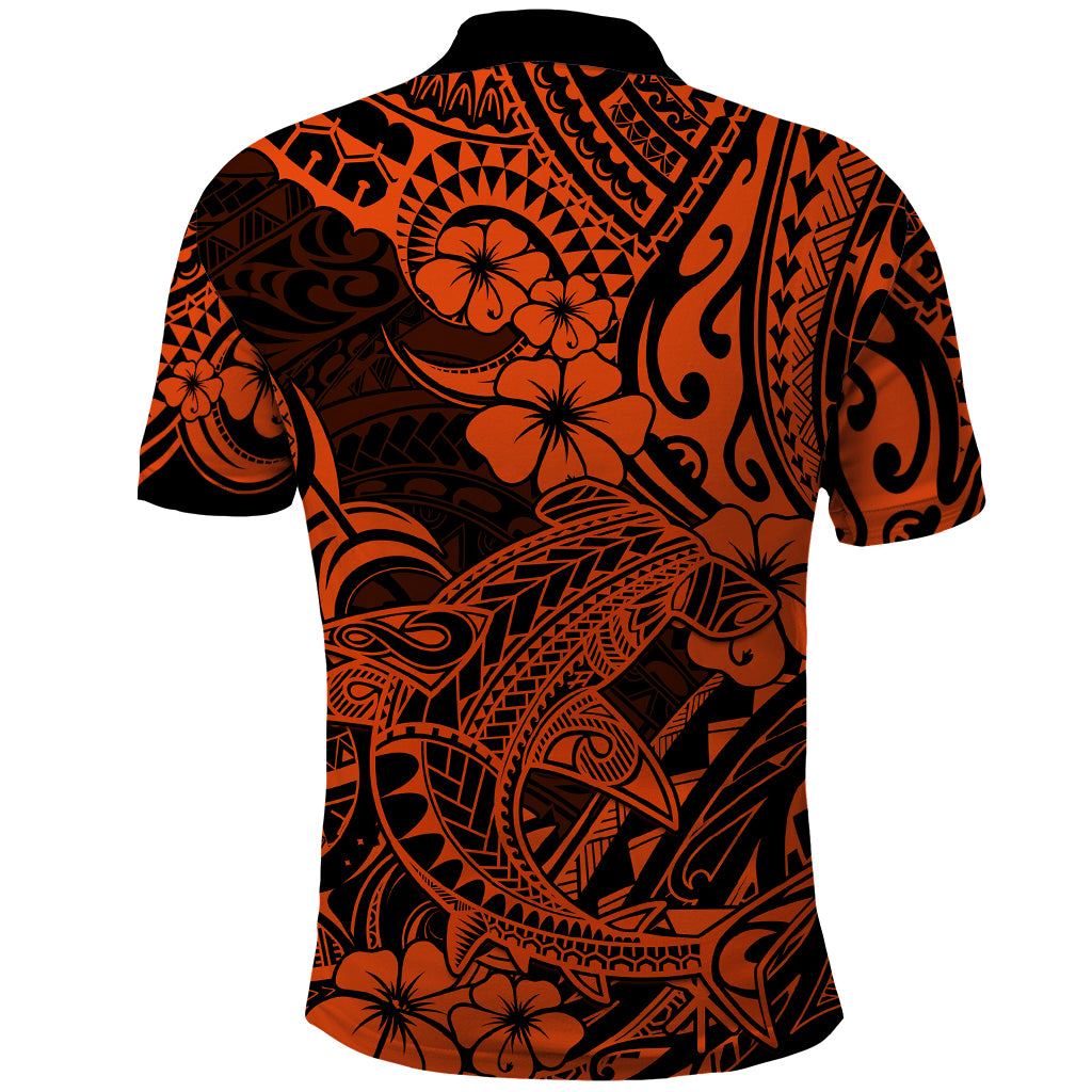 Hawaii Shark Polo Shirt Polynesian Pattern Orange Version - Wonder Print Shop