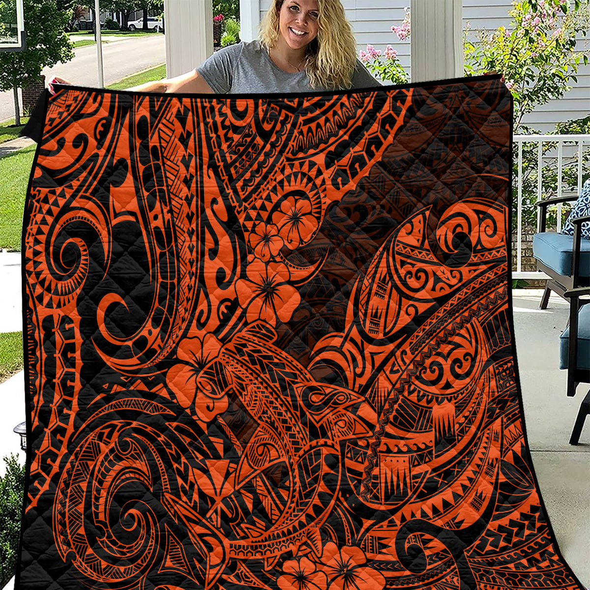 Hawaii Shark Quilt Polynesian Pattern Orange Version - Wonder Print Shop