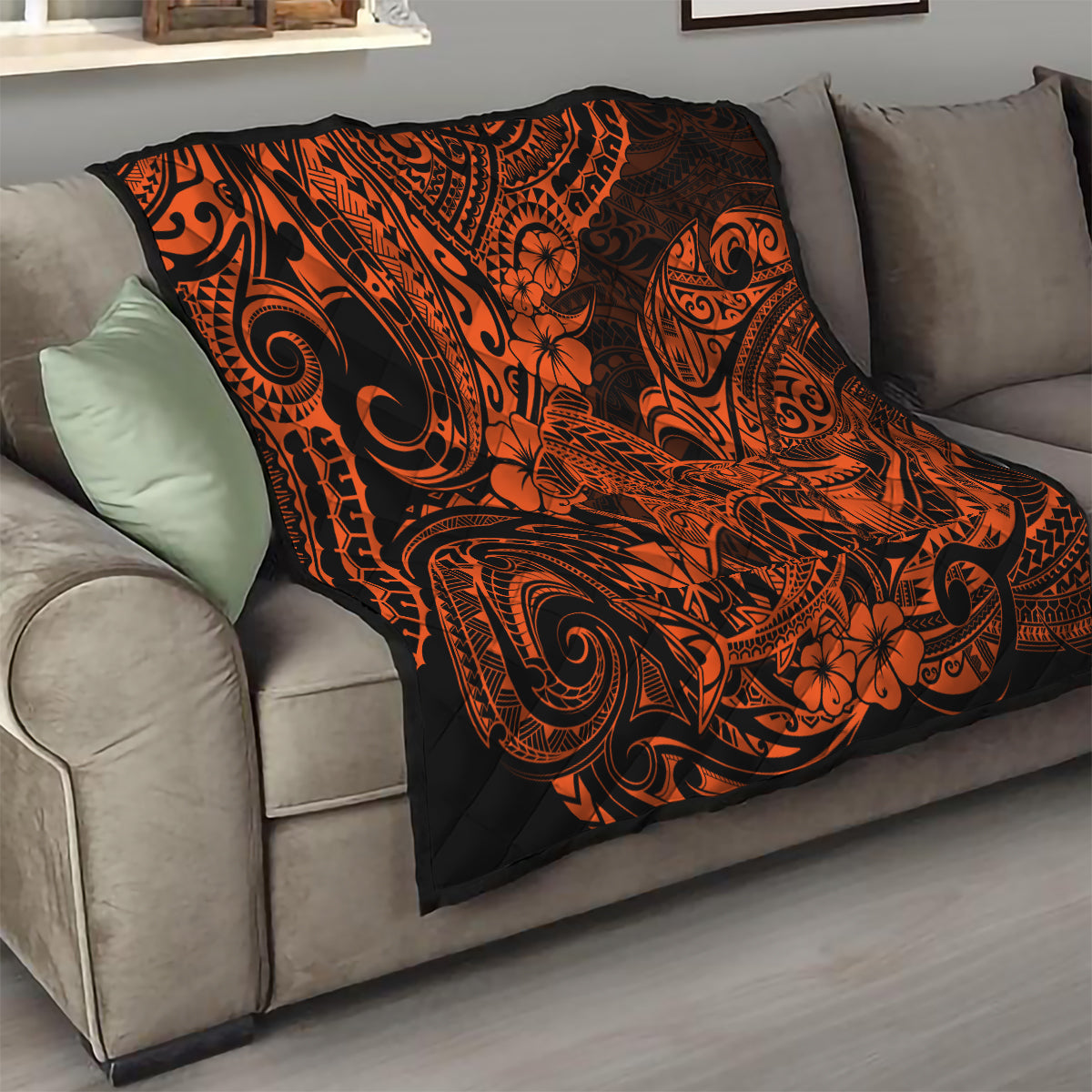 Hawaii Shark Quilt Polynesian Pattern Orange Version - Wonder Print Shop