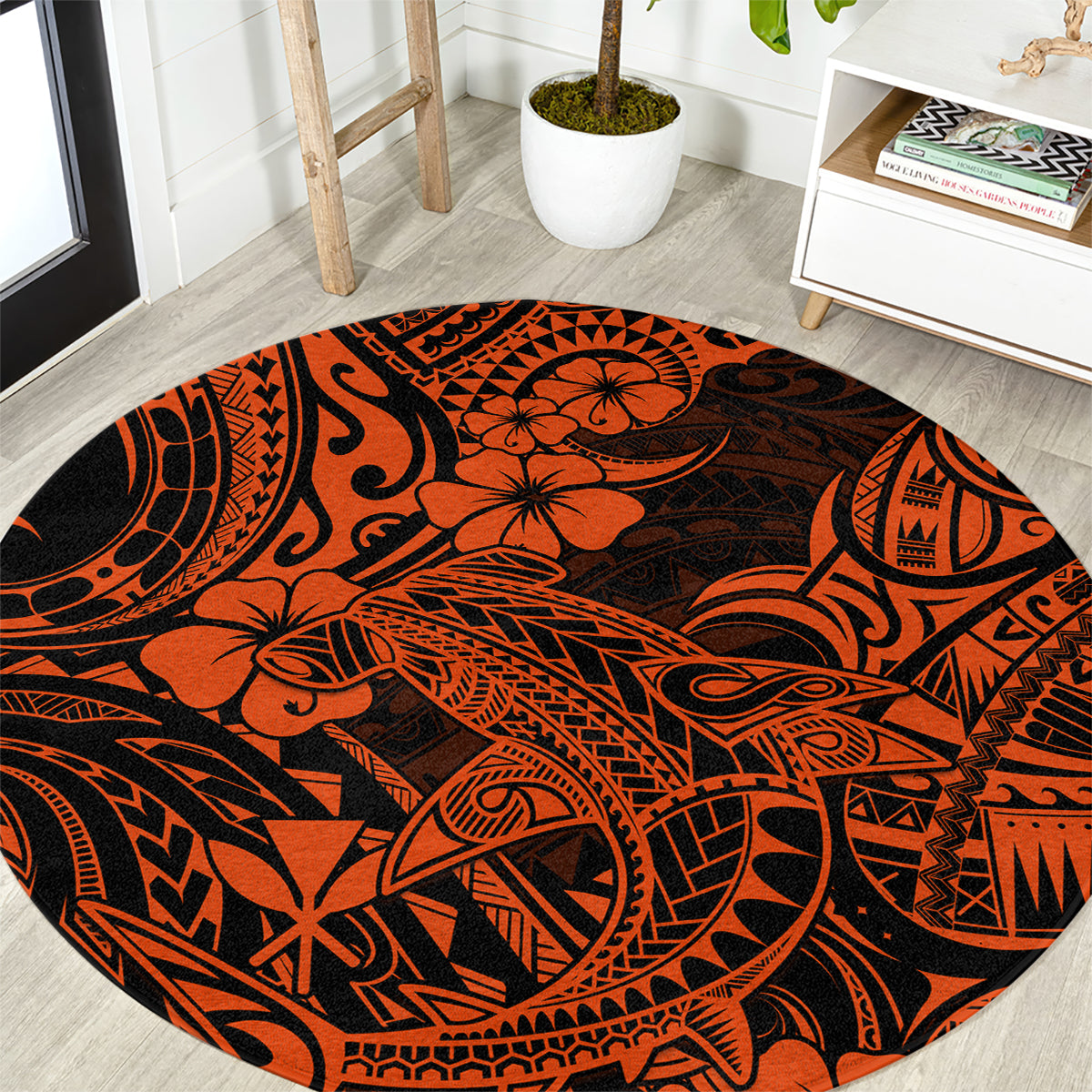 hawaii-shark-round-carpet-polynesian-pattern-orange-version