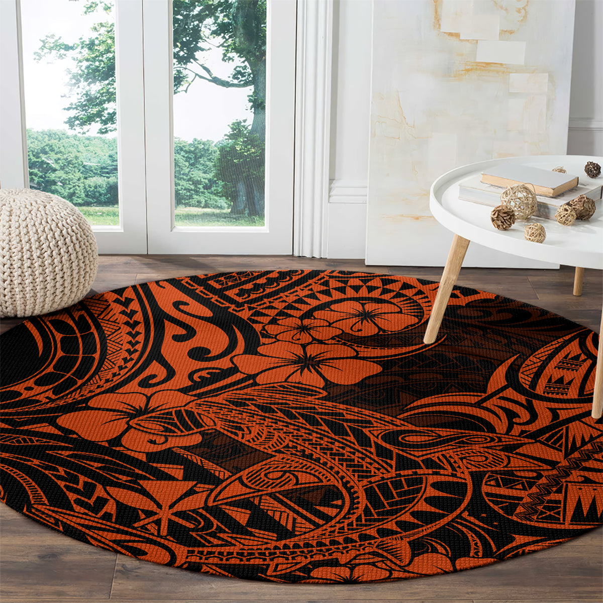 hawaii-shark-round-carpet-polynesian-pattern-orange-version