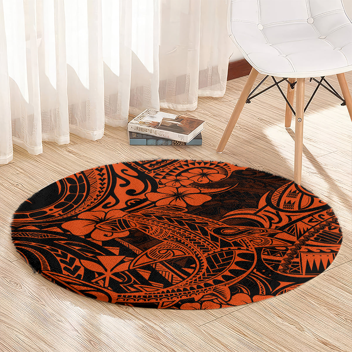 hawaii-shark-round-carpet-polynesian-pattern-orange-version