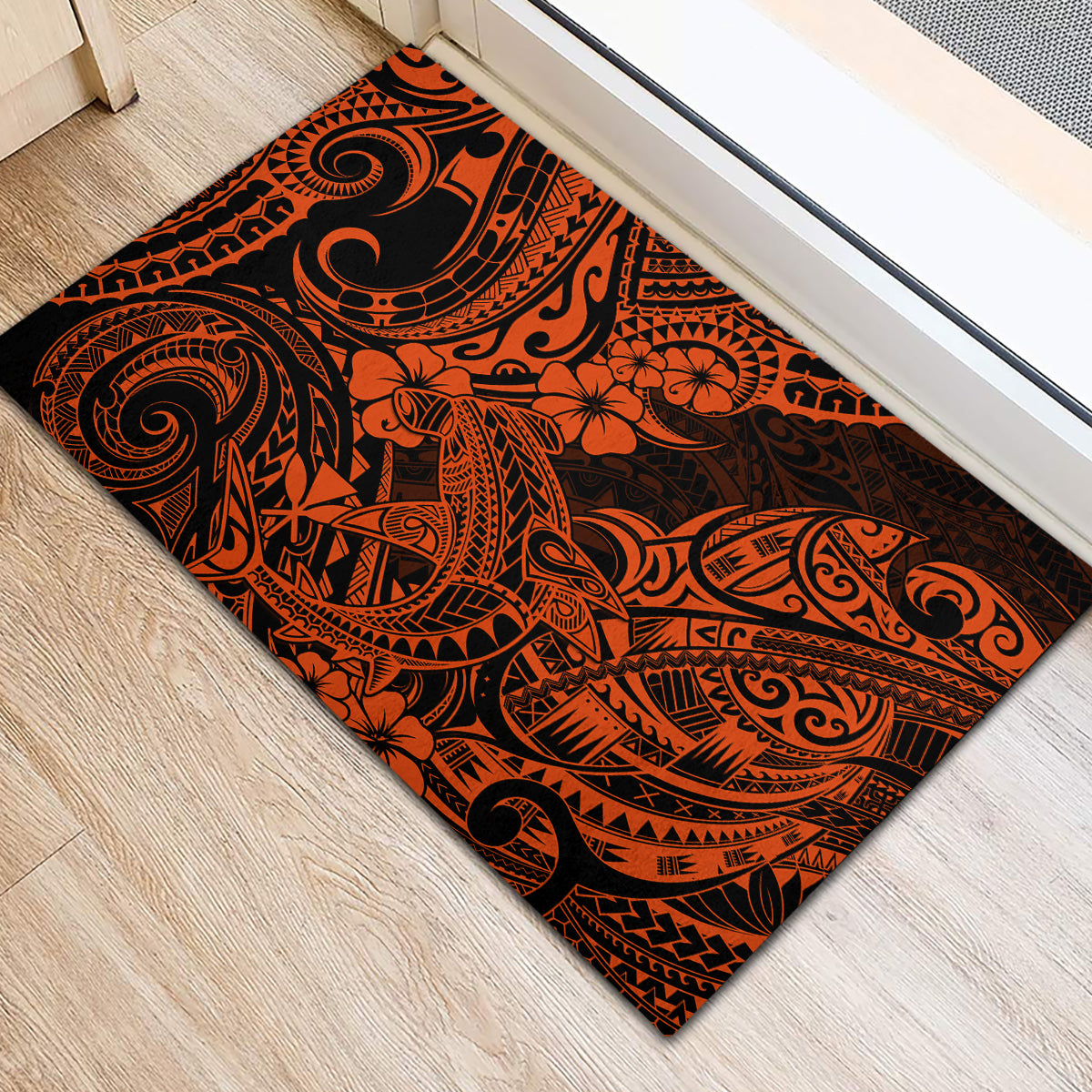 Hawaii Shark Rubber Doormat Polynesian Pattern Orange Version - Wonder Print Shop