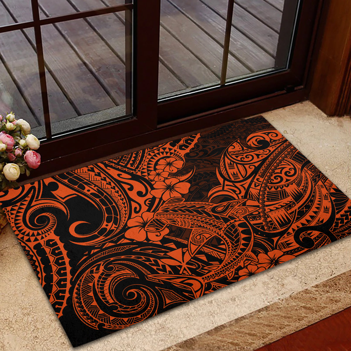 Hawaii Shark Rubber Doormat Polynesian Pattern Orange Version - Wonder Print Shop