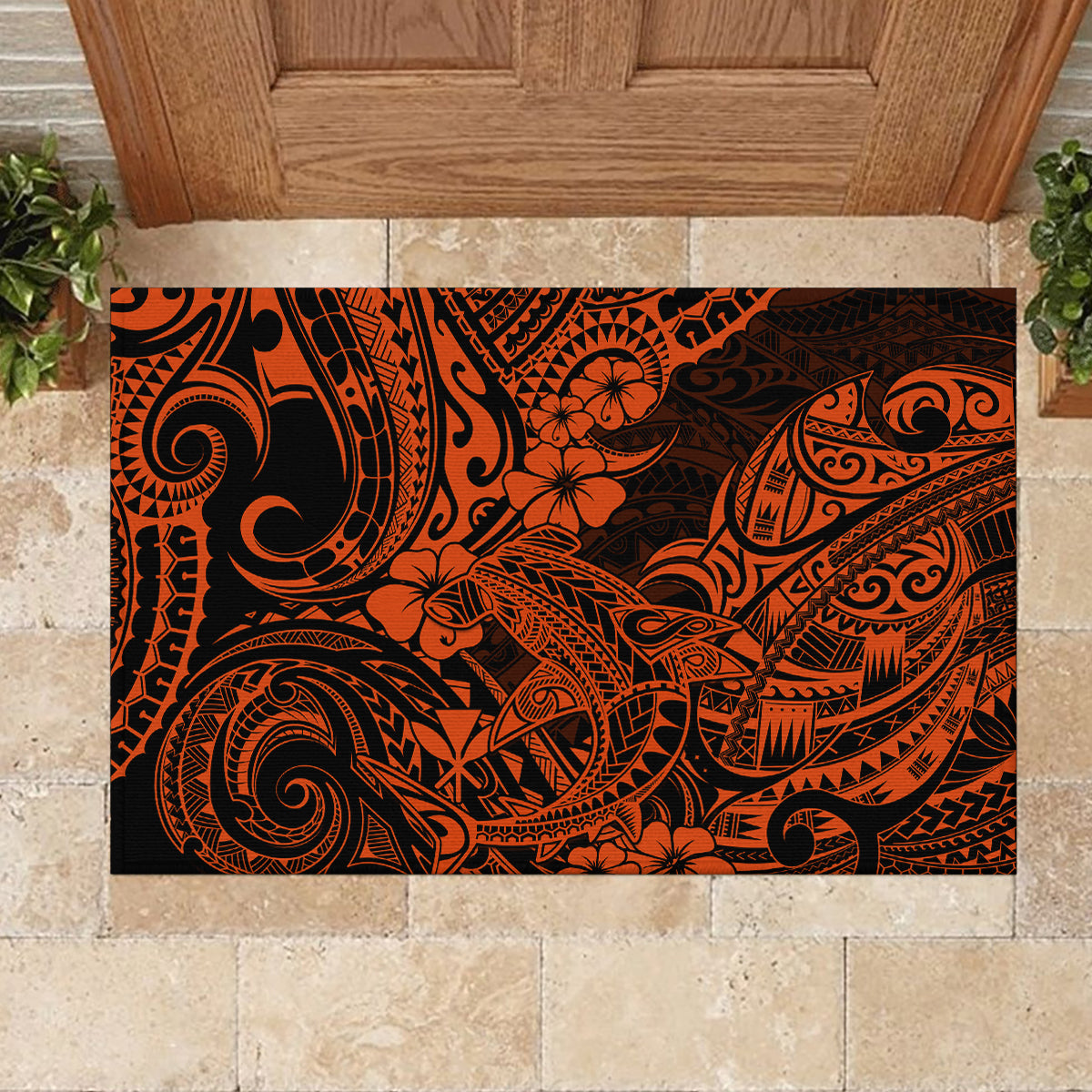 Hawaii Shark Rubber Doormat Polynesian Pattern Orange Version - Wonder Print Shop