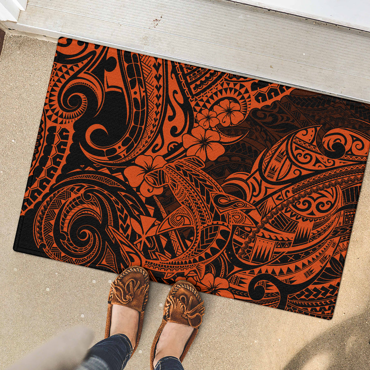Hawaii Shark Rubber Doormat Polynesian Pattern Orange Version - Wonder Print Shop