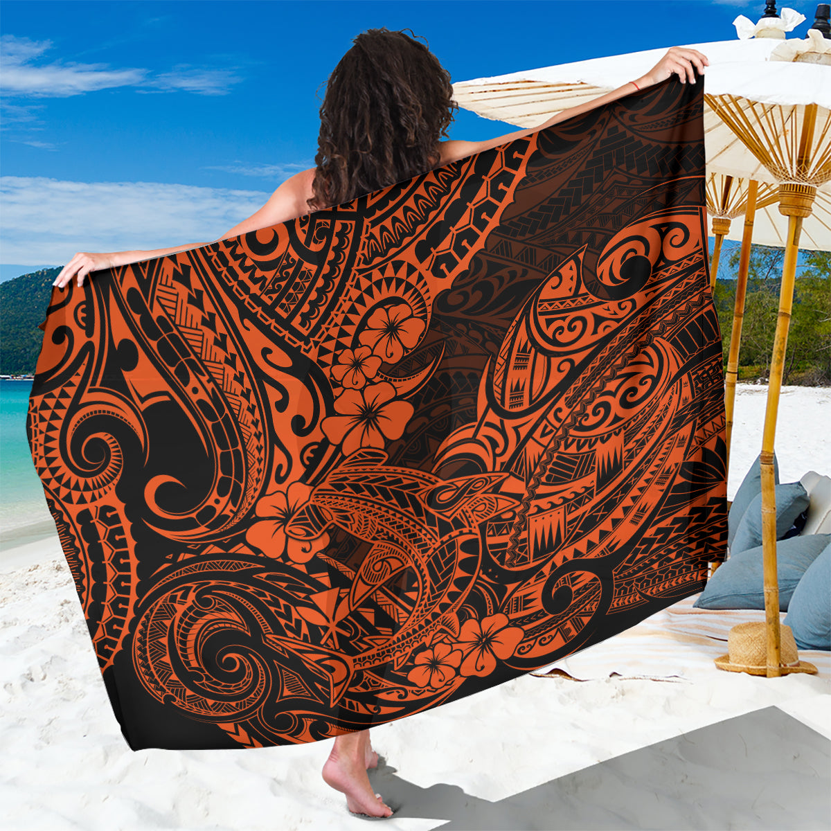 Hawaii Shark Sarong Polynesian Pattern Orange Version - Wonder Print Shop