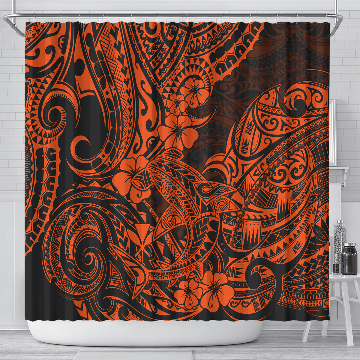 hawaii-shark-shower-curtain-polynesian-pattern-orange-version