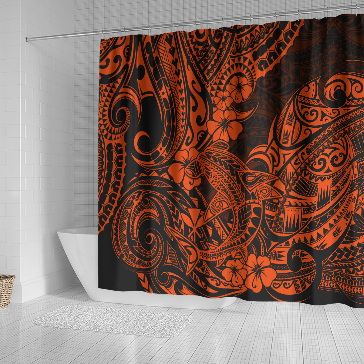 hawaii-shark-shower-curtain-polynesian-pattern-orange-version