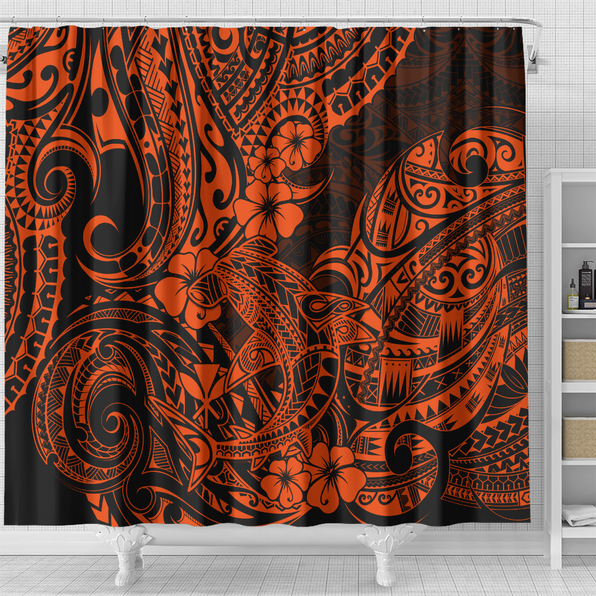 hawaii-shark-shower-curtain-polynesian-pattern-orange-version