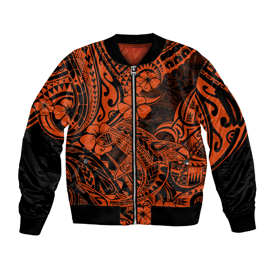 Hawaii Shark Sleeve Zip Bomber Jacket Polynesian Pattern Orange Version - Wonder Print Shop