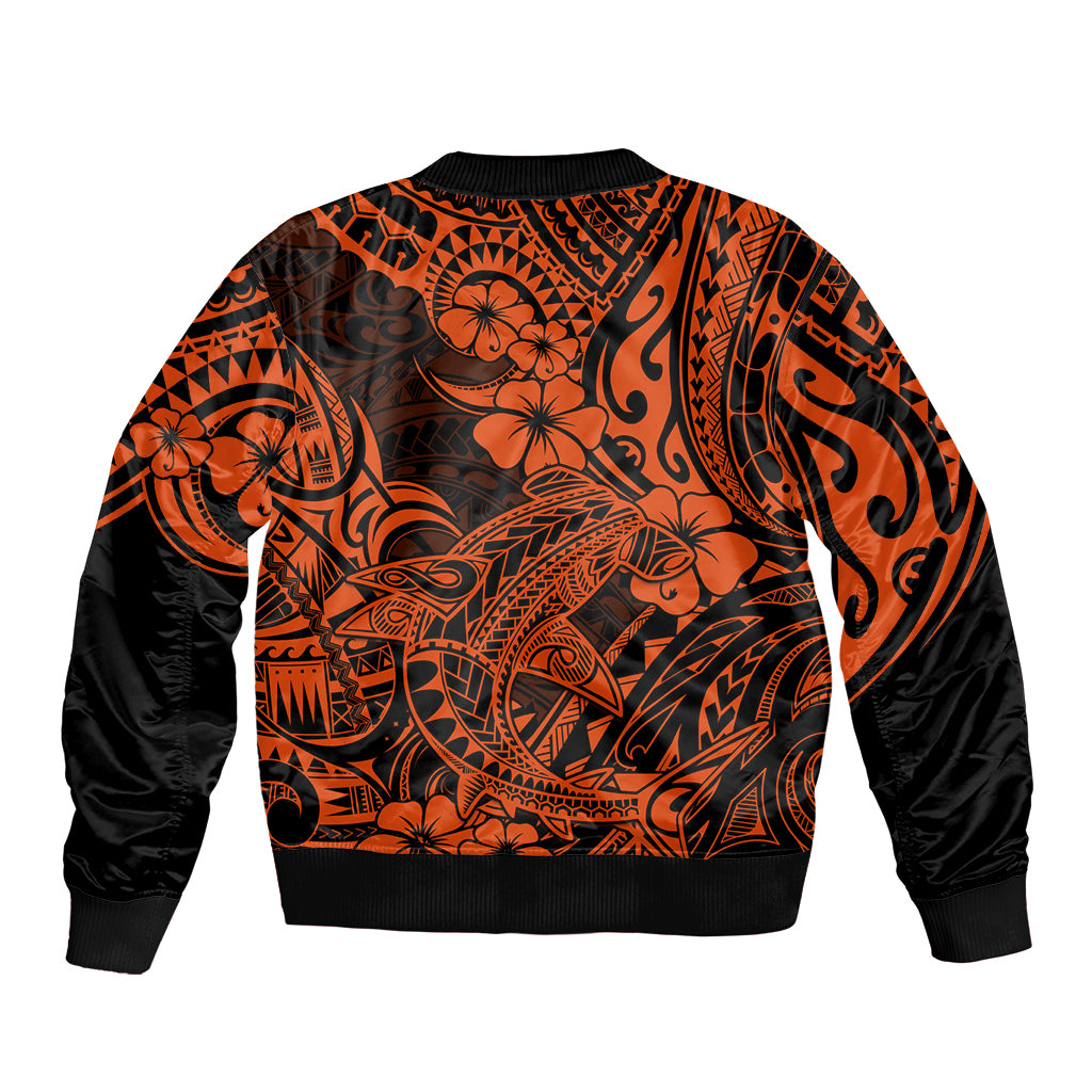 Hawaii Shark Sleeve Zip Bomber Jacket Polynesian Pattern Orange Version - Wonder Print Shop