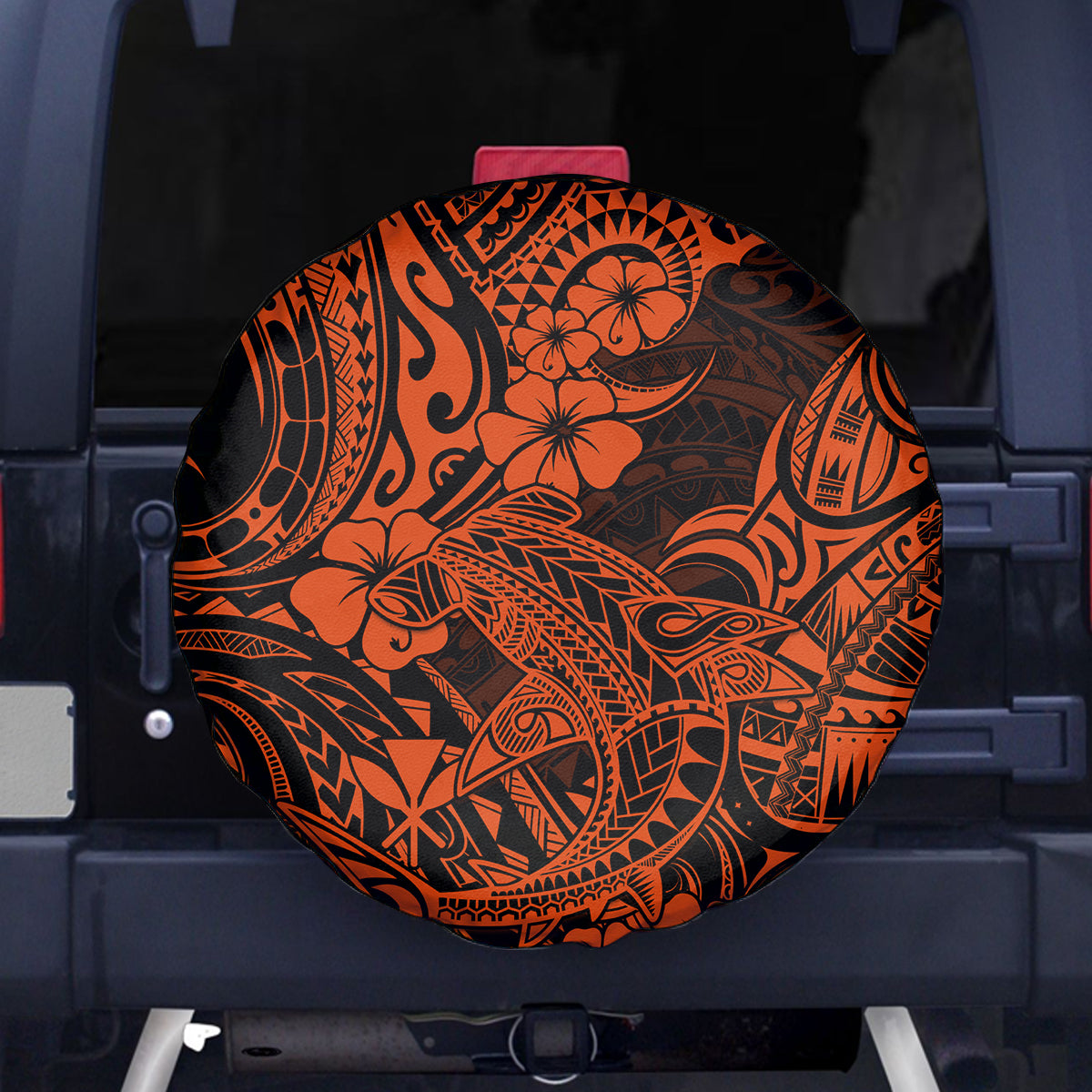 Hawaii Shark Spare Tire Cover Polynesian Pattern Orange Version - Wonder Print Shop