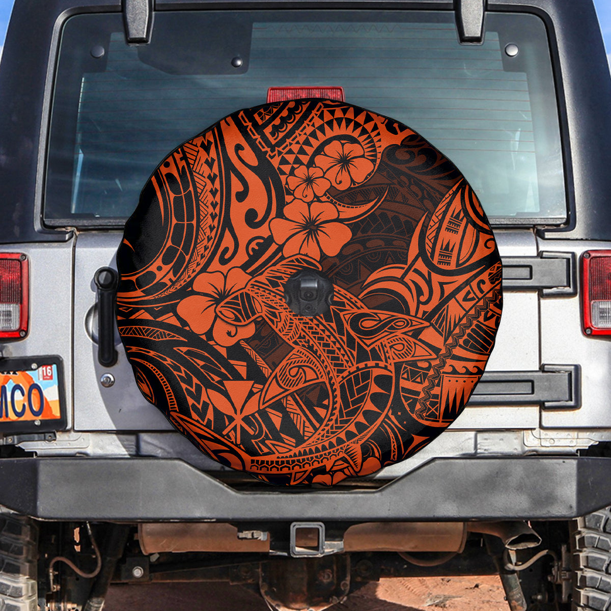 Hawaii Shark Spare Tire Cover Polynesian Pattern Orange Version - Wonder Print Shop