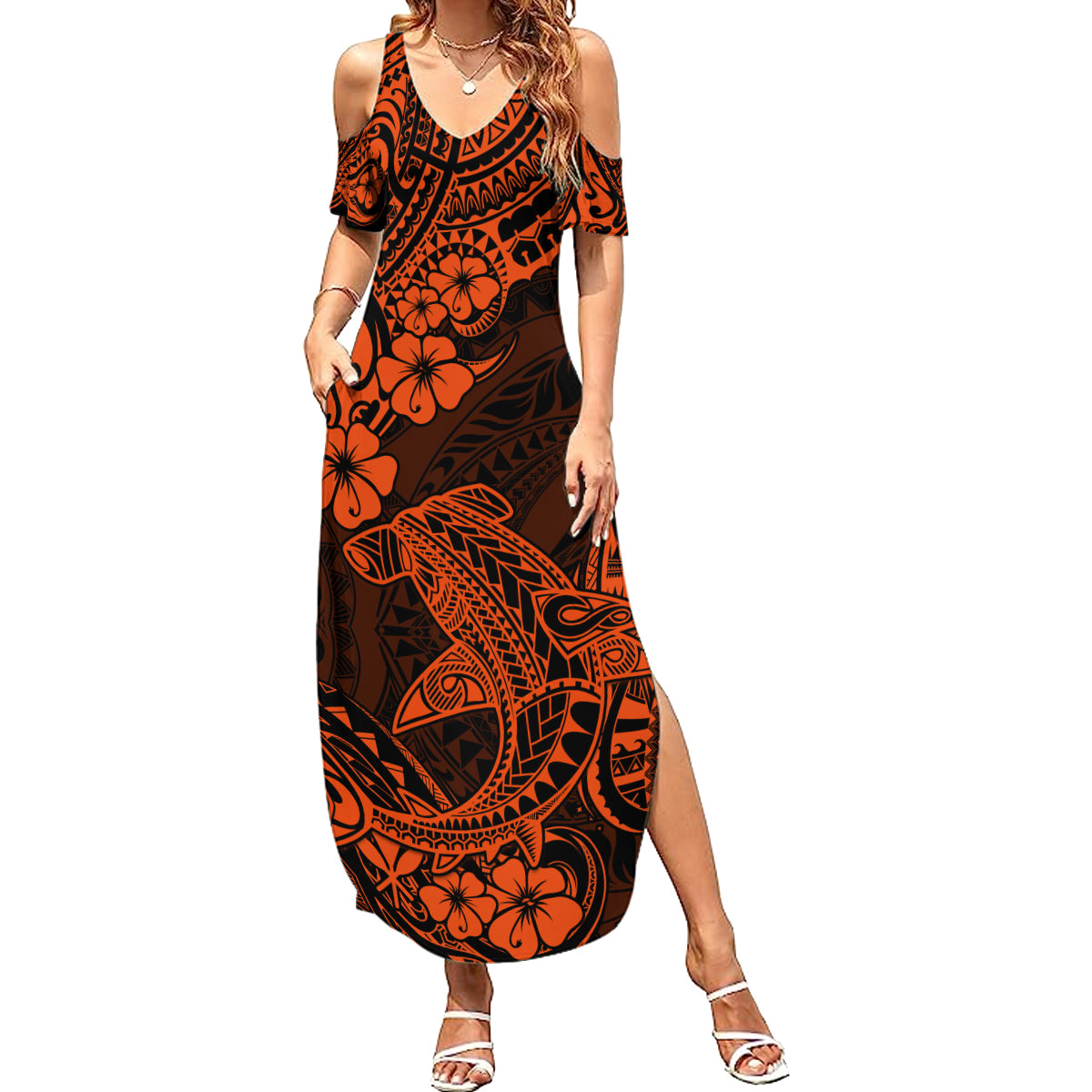 Hawaii Shark Summer Maxi Dress Polynesian Pattern Orange Version - Wonder Print Shop