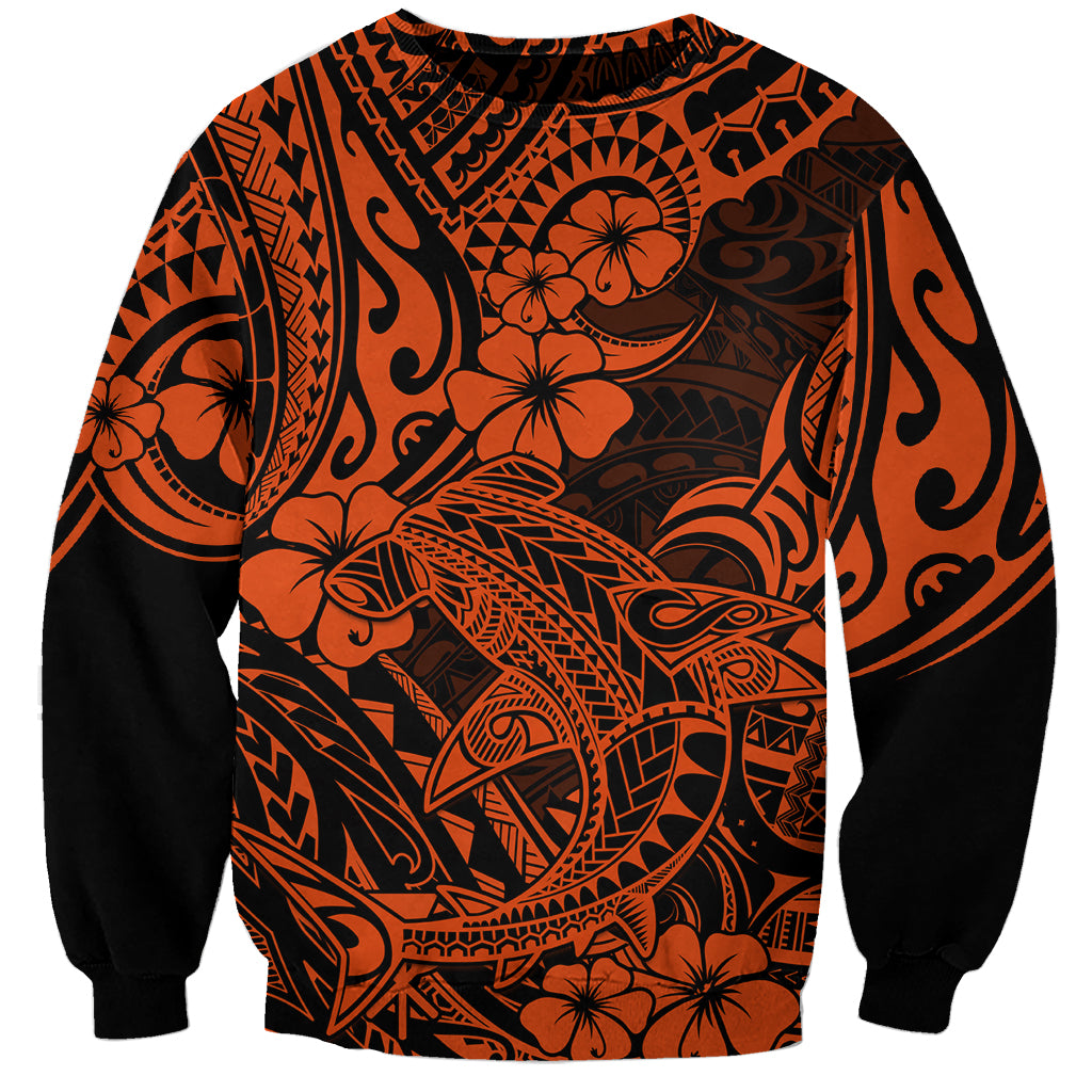 Hawaii Shark Sweatshirt Polynesian Pattern Orange Version - Wonder Print Shop