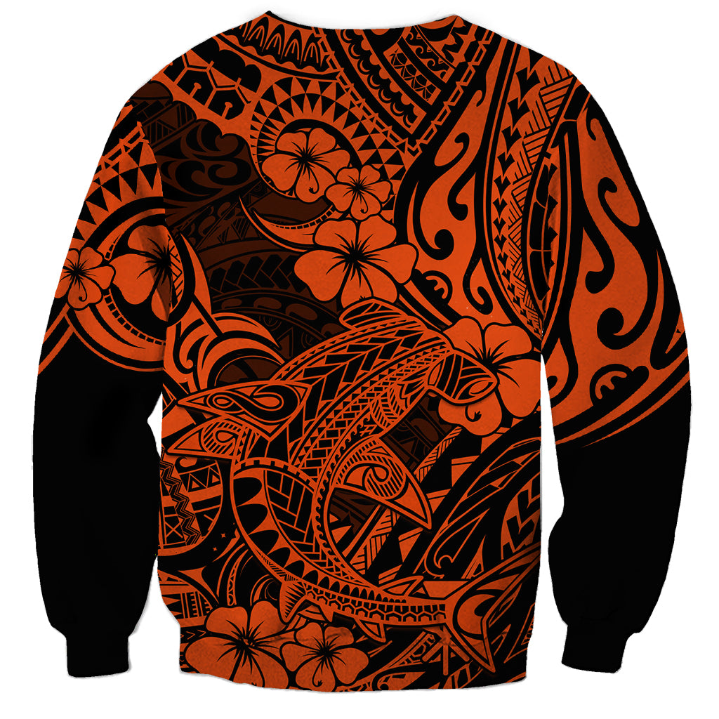 Hawaii Shark Sweatshirt Polynesian Pattern Orange Version - Wonder Print Shop