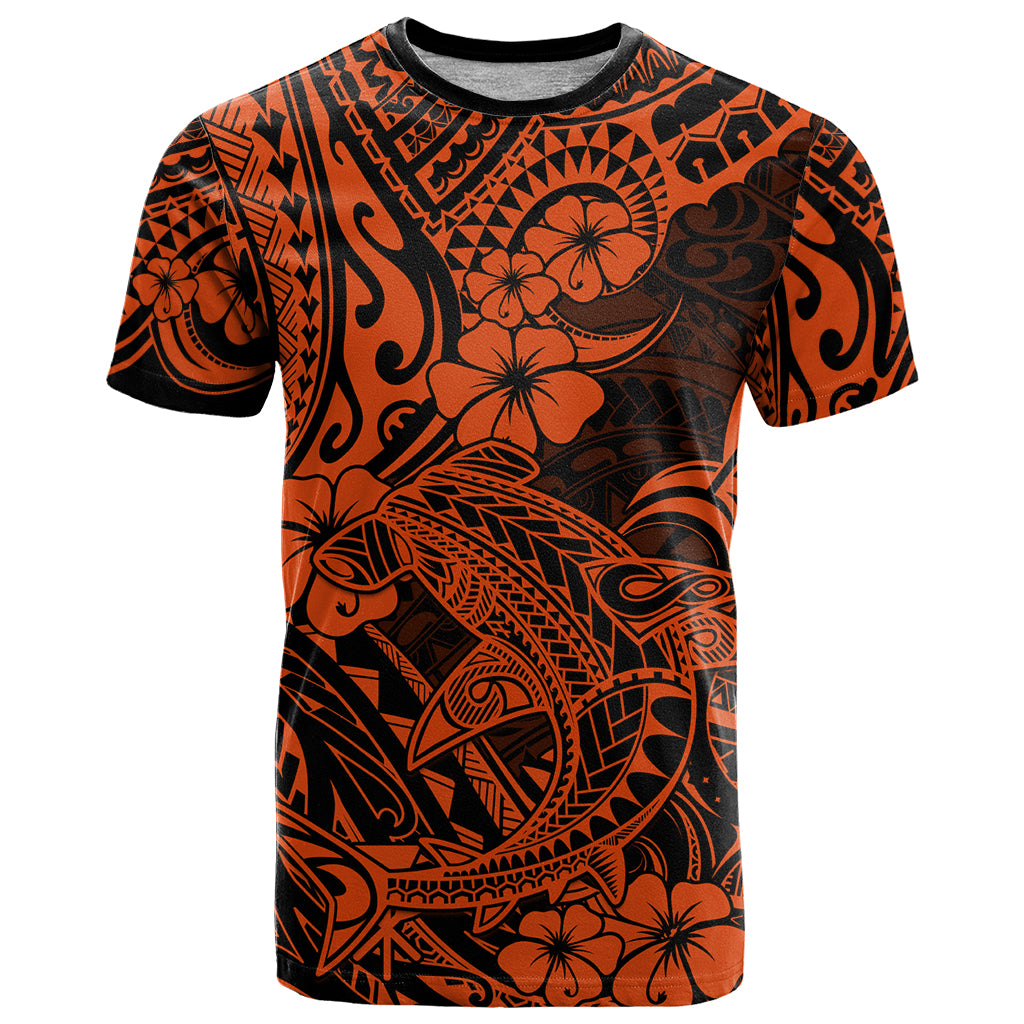 Hawaii Shark T Shirt Polynesian Pattern Orange Version - Wonder Print Shop