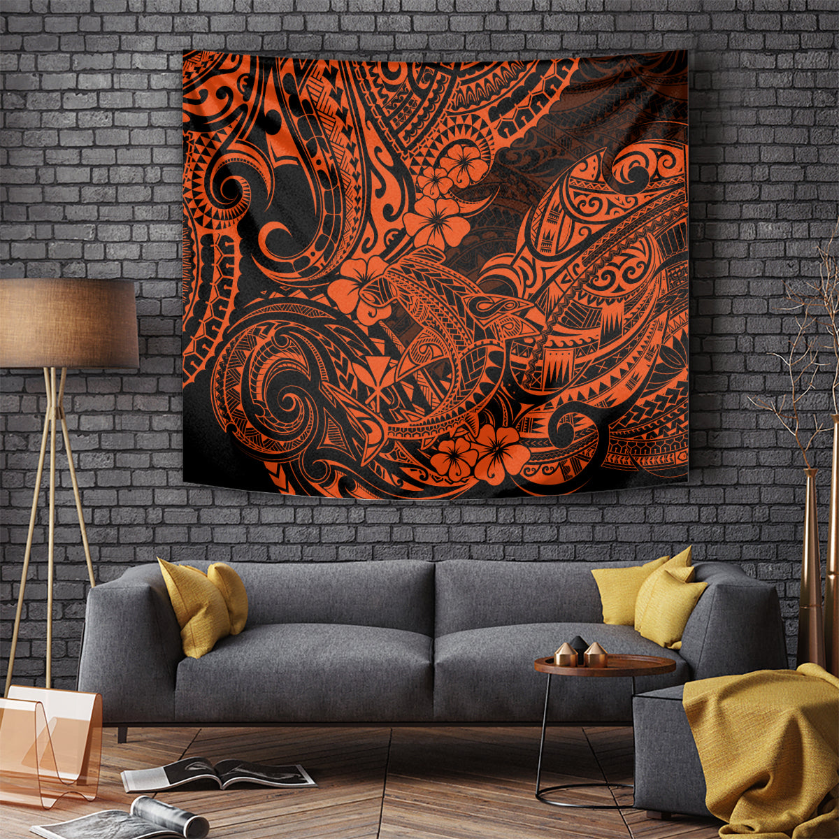 Hawaii Shark Tapestry Polynesian Pattern Orange Version - Wonder Print Shop