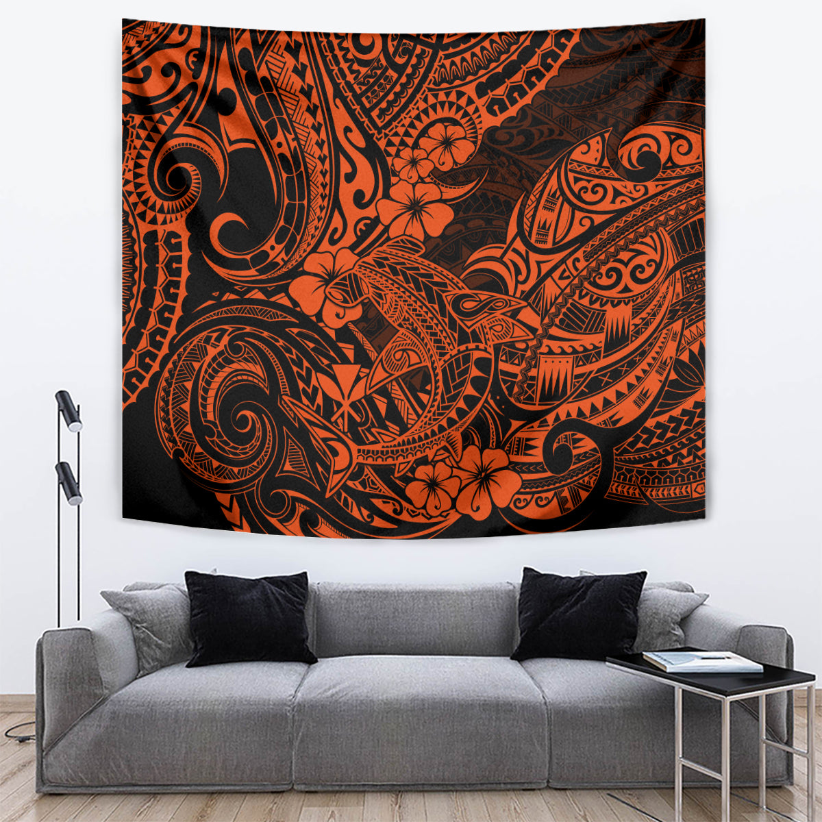 Hawaii Shark Tapestry Polynesian Pattern Orange Version - Wonder Print Shop