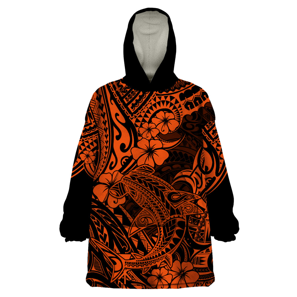 Hawaii Shark Wearable Blanket Hoodie Polynesian Pattern Orange Version - Wonder Print Shop