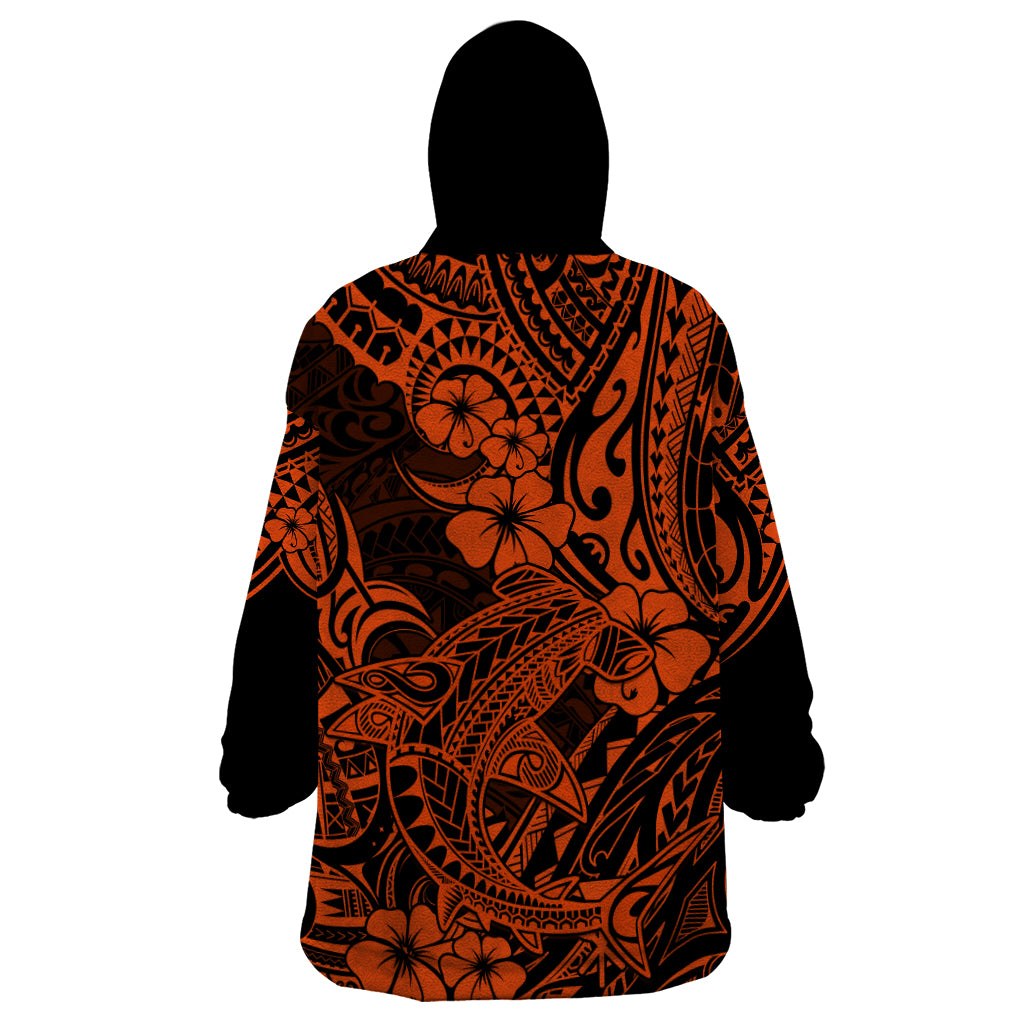 Hawaii Shark Wearable Blanket Hoodie Polynesian Pattern Orange Version - Wonder Print Shop