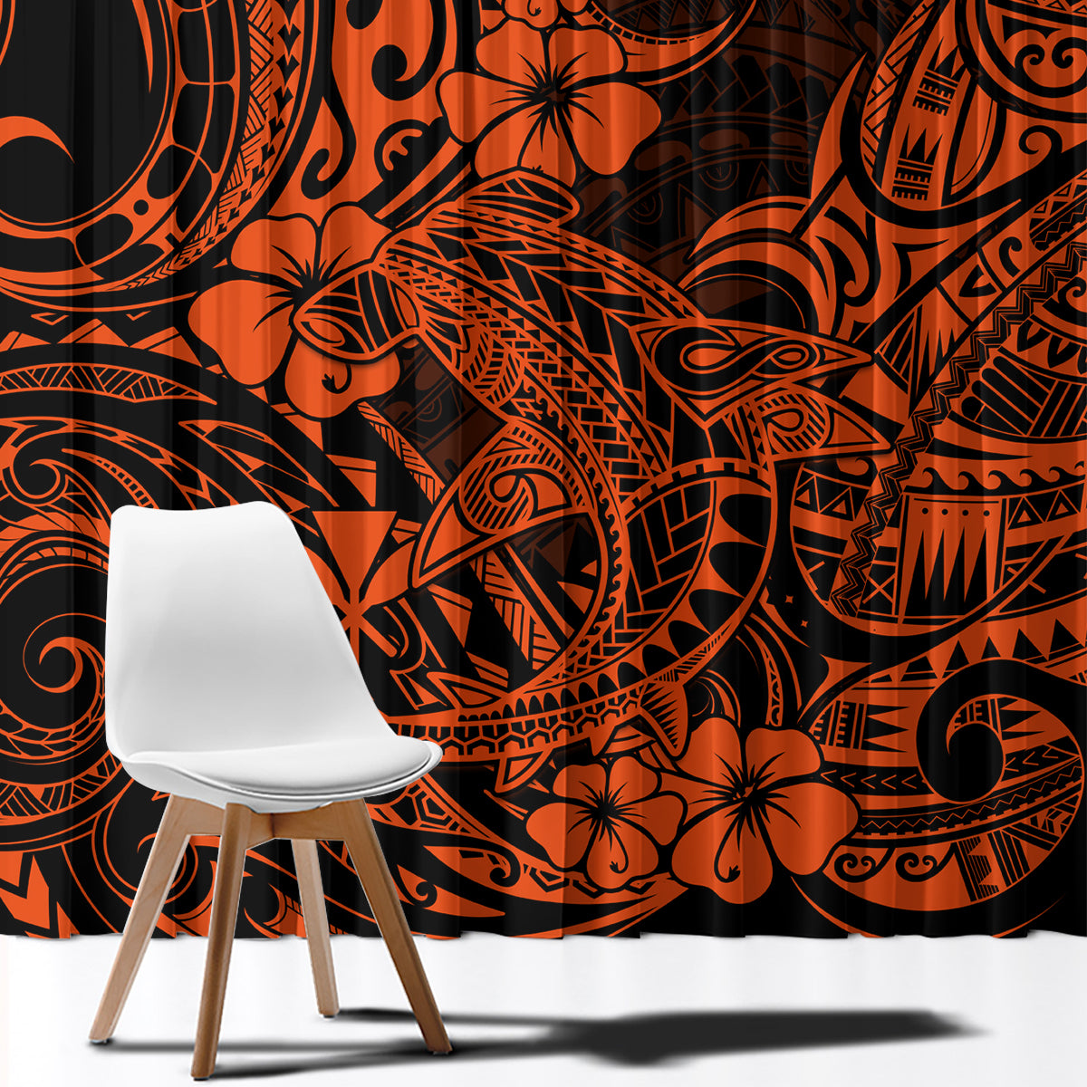 Hawaii Shark Window Curtain Polynesian Pattern Orange Version - Wonder Print Shop
